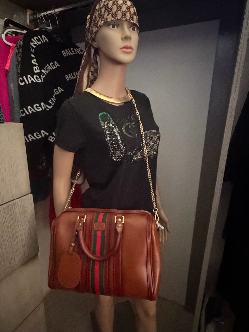 Gucci Cognac Leather Travel Bag with Red and Green Web Stripe limited new !